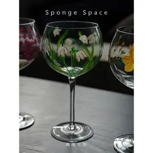 Sponge Space中古花朵紅酒杯高腳杯葡萄酒杯手繪ins禮物水晶玻璃