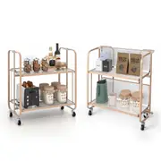 Costway 2-Tier Kitchen Trolley Foldable Serving Cart Tempered Glass Storage Rack Pink
