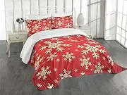 Lunarable Snowflake Bedspread Set Queen Size, Christmas Winter Illustration Abstract Wooden Pattern Background, Decorative Quilted 3 Piece Coverlet Set with 2 Pillow Shams, Vermilion Dark Orange Cream