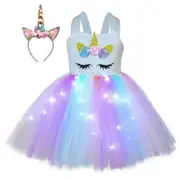 Princess Tutu LED Unicorn Dress for Girls Rainbow Light Up Costumes White light XL(7-8Y)