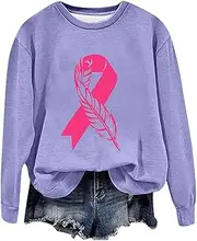 [Generic] Women's Crew Neck Sweatshirt Casual Loose Long Sleeve Pullover Tops Breast Cancer Day Ribbon Feather Print Sweatshirt