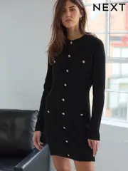 Black Smart Button Up Knitted Jumper Dress with Wool (E55323) | $40