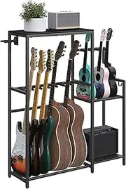 MAHANCRIS Guitar Stand, Multi-Guitar Rack, for Acoustic, Electric Guitar, Bass, Ukulele, Banjo, for 6 - 7 Guitars, Guitar AMP Stand, Record Rack, with Guitar Accessory Holder, EVA Cover, for Home