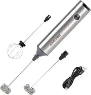 Kitchen Milk Frother With 2 Heads, USB C Fast Charging Stainless Steel
