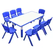 120x60cm Kids Blue Height-adjustable Whiteboard Drawing Table & 8 Blue Chairs Set