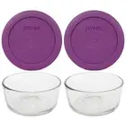 Pyrex (2) 7200 2 Cup Glass Bowls & (2) 7200-PC Thistle Purple Lids