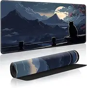 Moon Cat Large Gaming Mouse Pad,Black XXL Mouse Pad Gaming 31.5 x 15.7 in Mouse Mat Desk Pad,Cute Desk Mat,Extended Keyboard Pad Mousepad with Non-Slip Base and Stitched Edge for Office Home Gaming