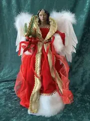 16” Angel Tree Topper Red Dress Gold Trim
