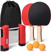 XGEAR Anywhere Ping Pong Equipment to-Go Includes Retractable Net Post, 2 Ping Pong Paddles, 3 pcs Balls, Attach to Any Table Surface, for All Ages