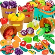 Color Sorting Play Food Set - 68 Pcs Cutting Play Food Toy for Kids Kitchen, Pretend Fake Food & Fruit & Vegetables Accessories, Preschool Educational Toy for Toddler Boy Girl Christmas Birthday Gifts