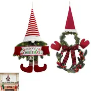 2pcs Christmas Dwarf Wizards Door Hanging Faceless Doll Lighted Hanging Ornaments Wreath Gnome Decoration -Faceless Doll and Snowman Shape Wreath
