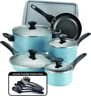Dishwasher Safe Nonstick Cookware Pots and Pans Set, 15 Piece, Aqua