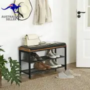 Padded Storage Bench with Mesh Shelf, Shoe Rack, Metal Frame, Easy Assembly, Spa