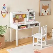 HONEY JOY Kids Table and Chair Set, Students Study Desk w/Chair, Hutch, Cork Bulletin Board, Bookshelf & Drawers, Wooden Children School Writing Desk and Chair with Solid Wood Legs for 3+ Kids, White