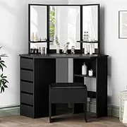 ALFORDSON Corner Dressing Table and Stool Chair Set Black Color, Makeup Vanity Desk with Tri-fold Mirror, Mutiple Shelves & Side Cabinet, Dresser Organiser for Women Bedroom Dress Room