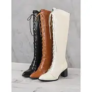 Women's Stylish Brown Faux Leather Lace-Up Boots with Block Heel Perfect for Fall and Winter