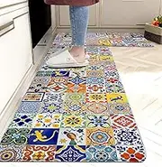 weesire Boho Kitchen Rugs Set 2 Pieces Memory Foam Colorful Ceramic Comfort Tile Floor Mat Anti Fatigue Non-Skid PVC Runner Rug Water & Oil Proof Carpet for Kitchen Laundry Sink,17.3x28+17.3x47 Inch
