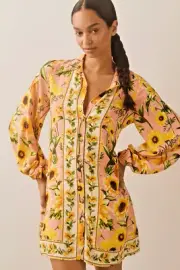 ANTHROPOLOGIE FARM RIO LONG SLEEVE BUTTON FRONT MINI SHIRT DRESS YELLOW DAISY S