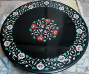 Royal Look Hallway Table Top with Marquetry Art Round Black Marble Dining Table