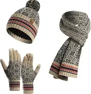 [Visioelo] Hat and Scarf Set for Women, 3 Pcs Fleece Lined Beanie Touchscreen Gloves Scarf with Tassel, Women's Cold Weather Sets Outdoor Wearing