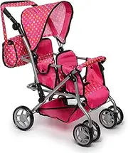 [Exquisite Buggy] TWIN DOLL Stroller with Diaper Bag and Swivel Wheels & Adjustable Handle - Pink & POLKA DOTS Design With 2 FREE Magic Bottles