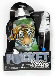 Pocket Water Bottle with Cleaning Brush Tiger Foldable Flask w/ Carabiner 16 oz