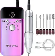 Bouzaak Portable Nail Drill 45000 RPM,Rechargeable Electric Nail File with 6 Drill Bits for Acrylic Gel Nails,Cuticle Removal for Home Manicure Salon (Purple)