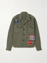 [Fortela] Fortela - Patchwork Appliquéd Herringbone Cotton Shirt - Green - IT46 IT 46 Green