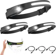 3PCS COB LED Headlamp Headlight Torch Work Light Bar Head Band Lamp USB Charging