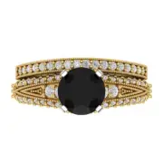 2.1ct Round Cut Pave Natural Onyx Promise Bridal Ring Band set 14k 2 Tone Gold