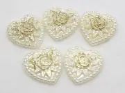 50 Acrylic Pearl Flatback Heart Cabochons with Sparkling Gold Flower 18mm