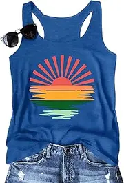 [CAZYCHILD] Summer Beach Tank Tops for Women Retro Sunshine Coconut Tree Graphic Sleeveless Tee Hawaiian Family Vacation Tops