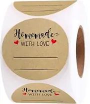 2 Inch Homemade with Love Sticker with Lines for Writing (500 Labels per roll) Brown Kraft Stickers for Canning Labels Jar, Store Owners, Crafts, Organizing, Gift, Price Tags, Envelop Seal