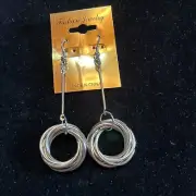 Silver Tone Circle Dangle Drop Pierced Earrings Hook 2.5”