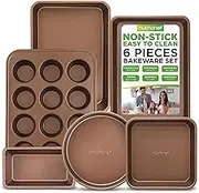 NutriChef 6-Pcs Nonstick Bakeware Set-Highest-Quality Baking Sheets, Non-Grease Cookie Trays, Wide & Square Bake Pan, Bread Loaf & Round Cake Pan, Designed Not To Wrap or Bend Out Of Shape - , Gold