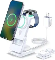 3 in 1 Wireless Charging Station,5000mAh Fast Foldable Portable Charger Battery Pack USB C Power Bank for MagSafe,for iPhone 15 14 13 12 Series/Apple Watch/Airpods with 20W Charger Adapter (White)