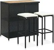 3 Piece Bar Set Poly Rattan Black,Modern Bistro Pub Bar Table and Stool Set with WeatherResistant Rattan and Solid Acacia Wood Furniture Sets