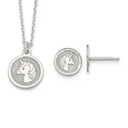 Sterling Silver Polished & Textured Unicorn Children'S 14In Necklace And Post Earrings Set