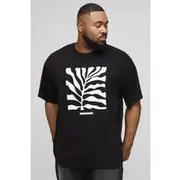Mens Black Plus Oversized Leaf Puff Print T-Shirt
