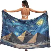 [RPLIFE] Starry Night Swirling Sky Sarong Beach Swimsuit Cover Up, Fringe Sarong, Beach Sarong Tassel, Summer Sarong
