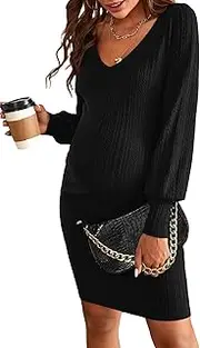 [WDIRARA] Women's Maternity V Neck Lantern Long Sleeve Wedding Guest Bodycon Mini Dress