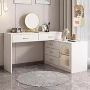 Makeup Vanity Table,Vanity Desk with 5 Drawers and 1 Cabinet,Telescopic Dresser with Mirror,90° Rotation,for Bedroom(with Mirror)