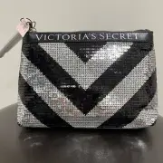 Victorias Secret Black Silver Sequin Cosmetics Bag NWT Zipper Closure