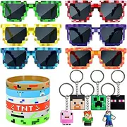 Philoctes Pixel Party Bag Children's Birthday, 6 Pixel Glasses, 6 Pixel Bracelet, 6 Key Rings for Children, Miner Gamer, Children's Birthday Party Bags, Mining Style for Children, Gifts Decoration