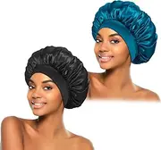 ZHENSILK 2Pcs Silk Bonnet for Sleeping, Satin Hair Bonnets, Soft Elastic Band Silk Sleep Cap, Hair Wrap for Women(Black Peacock Blue)