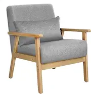 ALFORDSON Wooden Armchair with Linen Fabric Upholstery Cushion & Pillow, Accent Chair with Solid Wood Frame Wooden Armrest, lounge Sofa for Reading Bedroom Living Room, 180KG Capacity, Ulla Light Grey