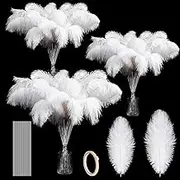100 Pcs Ostrich Feathers Bulk 12-14 Inch, 10-12 Inch 100 Natural Feathers for Vase with 100 Sticks and Tape Making Kit for DIY Wedding Floral Arrangement Party Centerpiece Decoration (White)