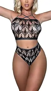 [Tender Whisper] Women Sexy Underwear Tube Top +Lace Panty Mesh Hollow-out Stretchy Bodysuit Lingerie Set 2PCS