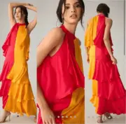 Pinnacle X Shruti Sancheti Womens Pink Mock Neck Colorblock Ruffle Maxi Dress XS