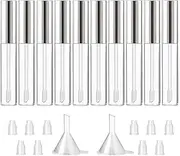 GTHER 10PCS 10ML Empty Lip Gloss Containers Tube with Wand, Refillable Lip Balm Bottles, Lipstick Sample Container and Funnel and Rubber Stoppers for Girls DIY Lip Samples, Silver Top